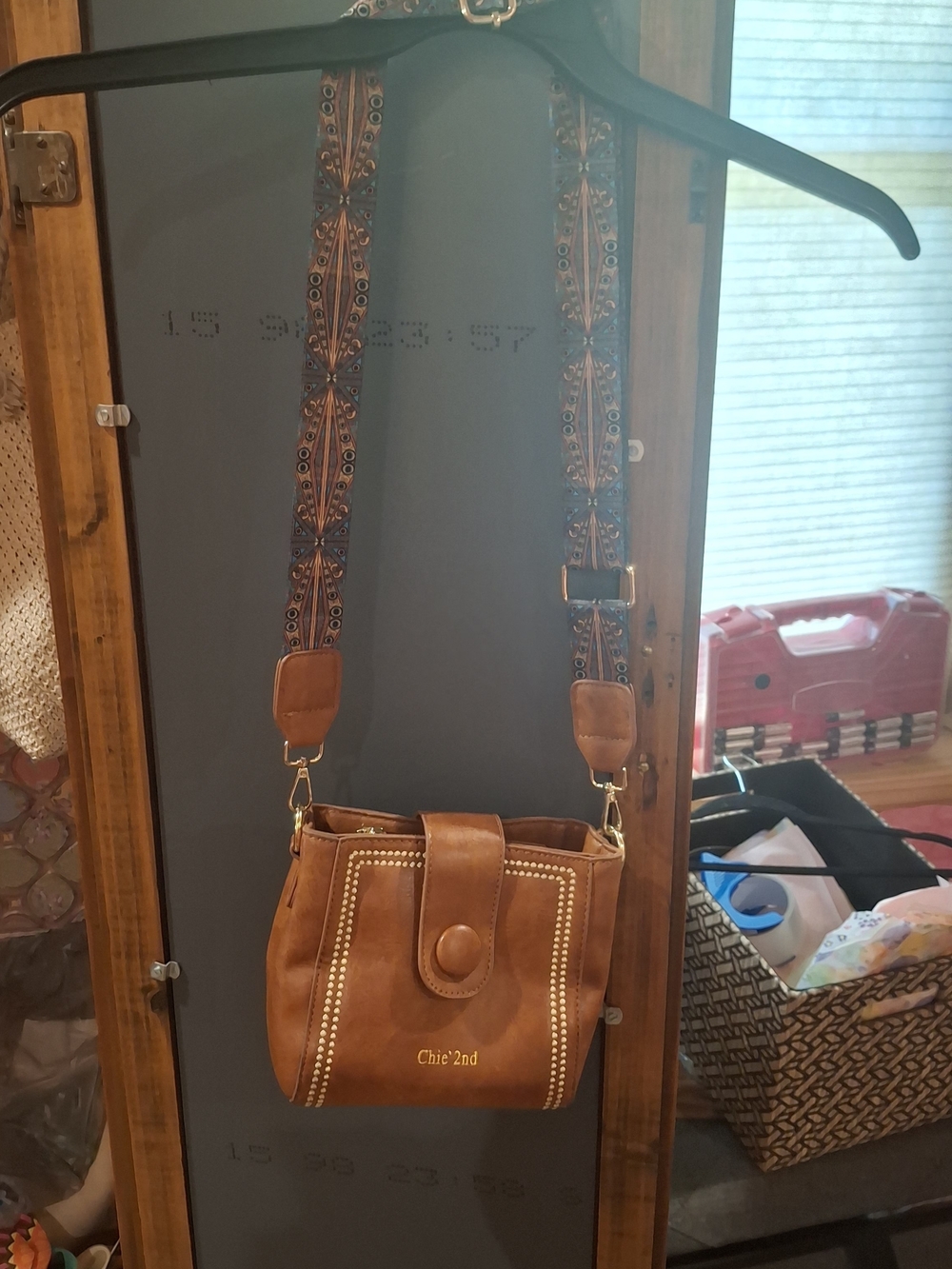 Brown Leather Crossbody with Patterned Blue Multi-Color Adjustable Strap - Picture 3 of 9